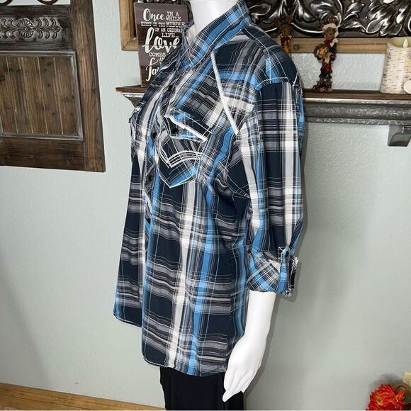 Buckle Black Blue Plaid Long Sleeve Snap DowLarge Men’s - Picture 5 of 16